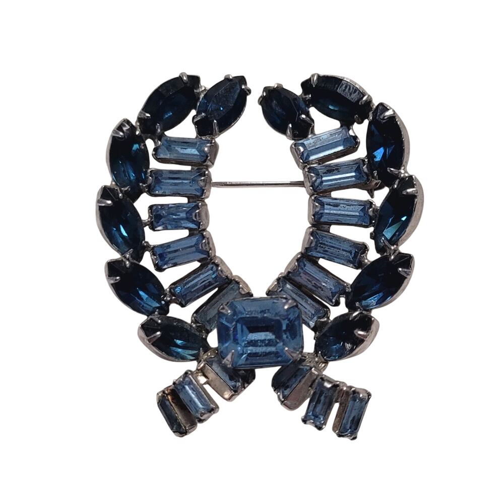 Vintage KRAMER of NEW YORK Rhinestone Brooch Dark & Light Blue Rhinestones 